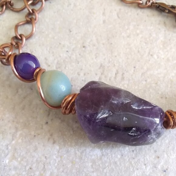 Huge Amethyst + Agate + Amazonite Beads & Copper! Handmade Asymmetrical Choker! - Picture 6 of 10